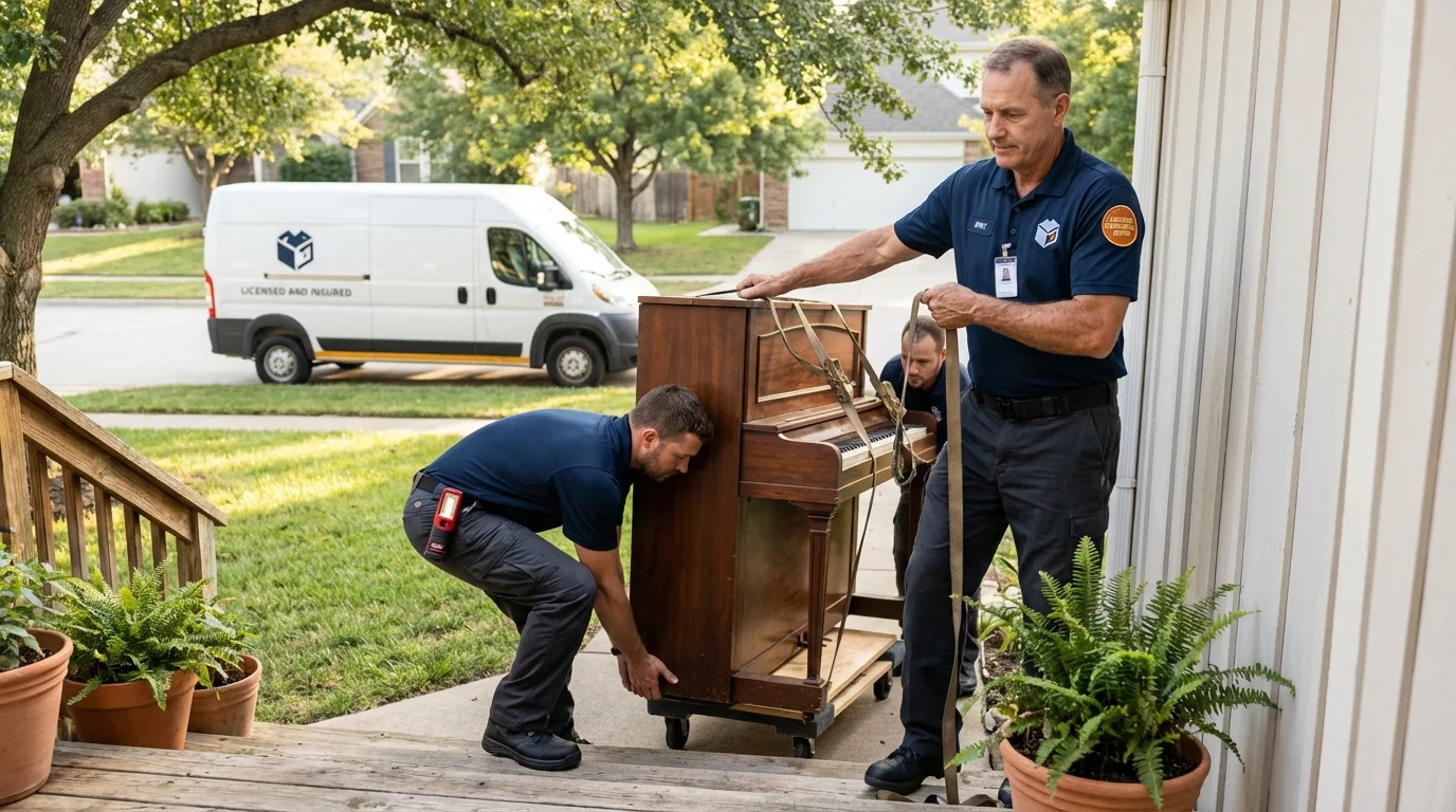 Licensed piano movers securing grand piano in Spring Grove, IL