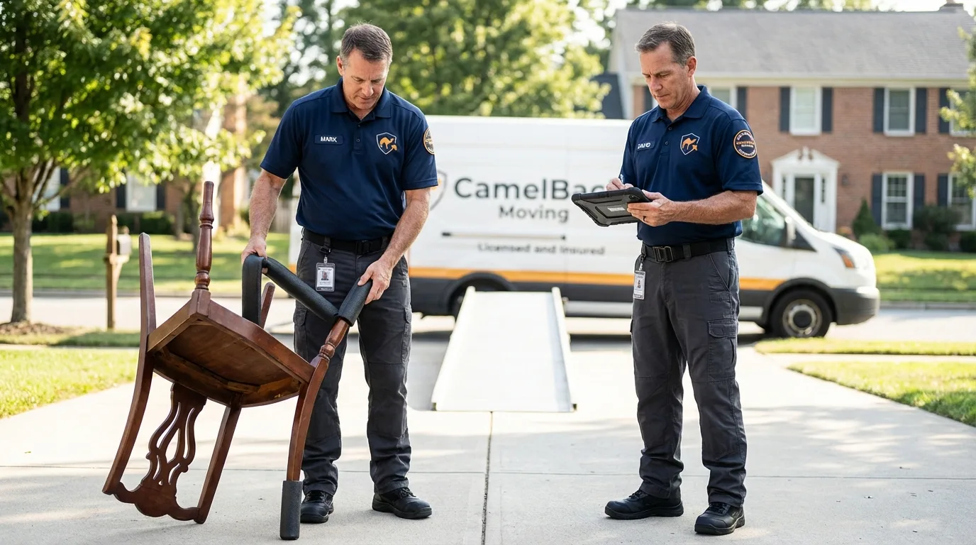 Movers inspecting furniture for damage prevention before loading in Spring Grove, IL