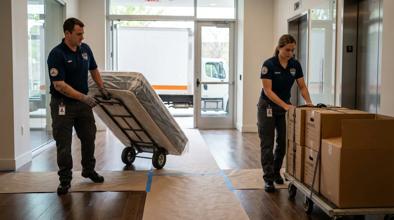 Professional apartment movers loading elevator in Spring Grove, IL